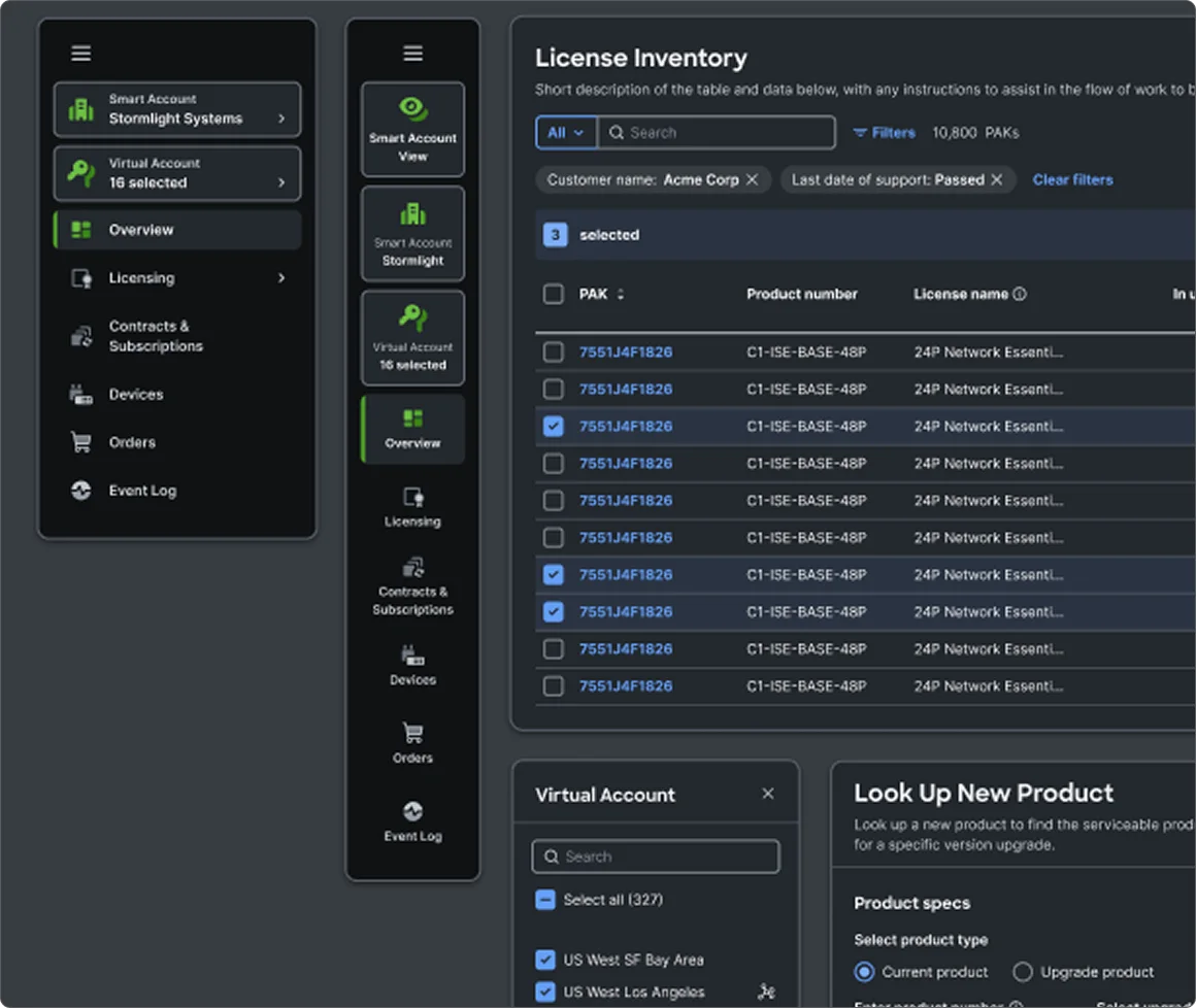 Dark-theme app shell with collapsed and expanded side navigation, a license inventory table and account selection panels